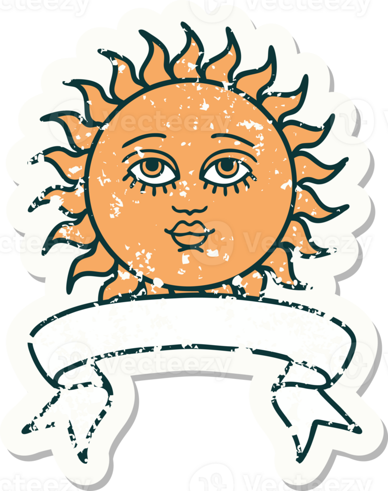 worn old sticker with banner of a sun with face png