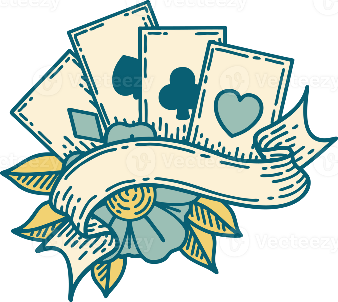 iconic tattoo style image of cards and banner png