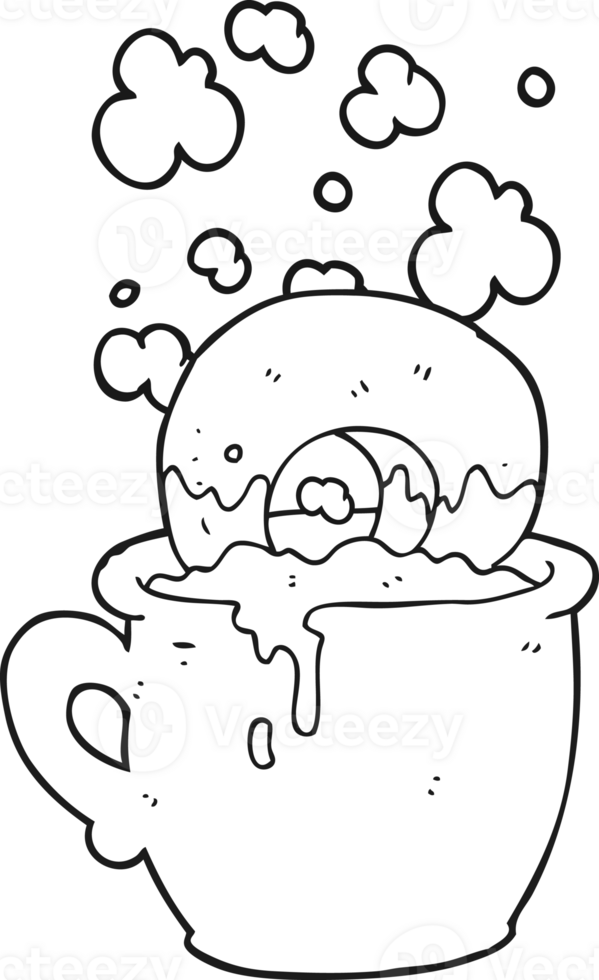 hand drawn black and white cartoon donut dunked in coffee png
