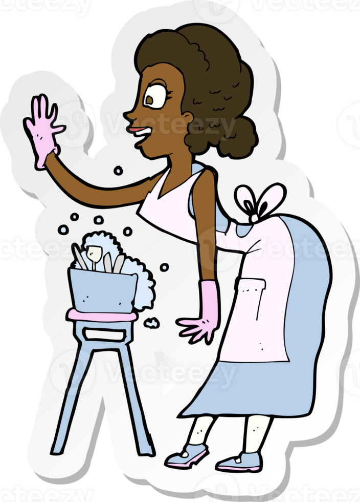 sticker of a cartoon housewife washing up png