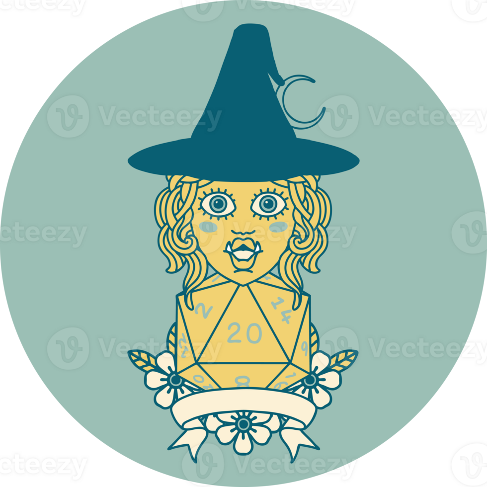 Retro Tattoo Style half orc witch character with natural 20 dice roll png
