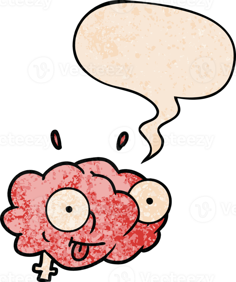 funny cartoon brain with speech bubble in retro texture style png