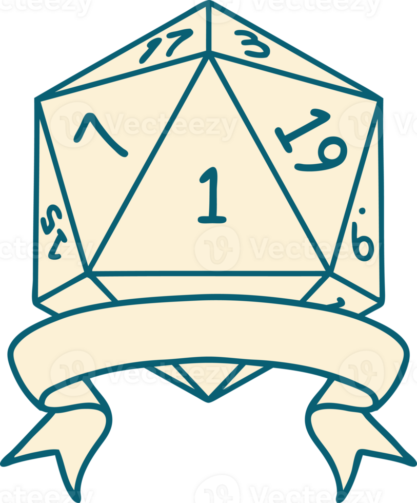 Retro Tattoo Style natural one d20 dice roll png