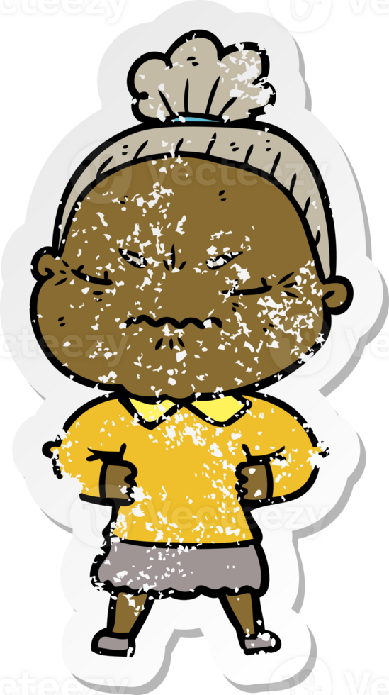 distressed sticker of a cartoon annoyed old lady png