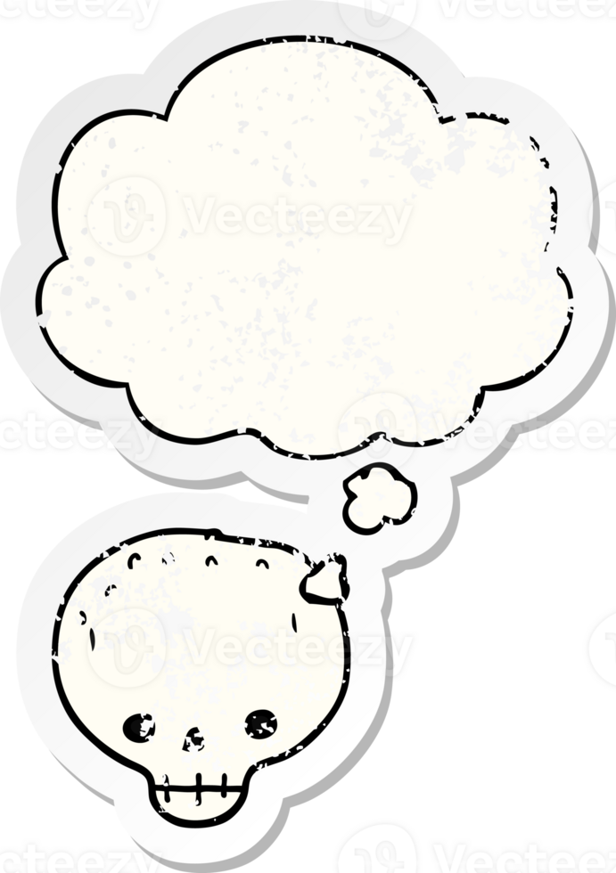 cartoon skull with thought bubble as a distressed worn sticker png