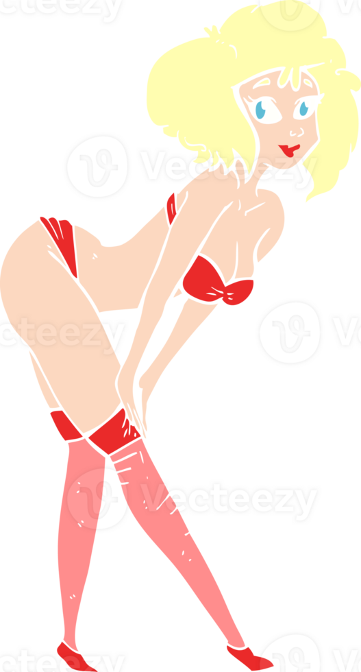 flat color illustration of pin up girl putting on stockings png