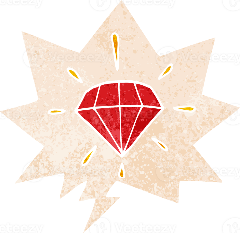 cartoon tattoo diamond with speech bubble in grunge distressed retro textured style png