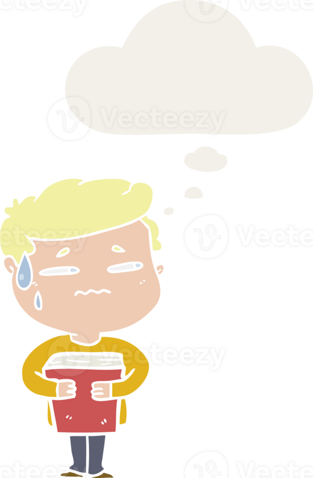 cartoon anxious boy carrying book with thought bubble in retro style png