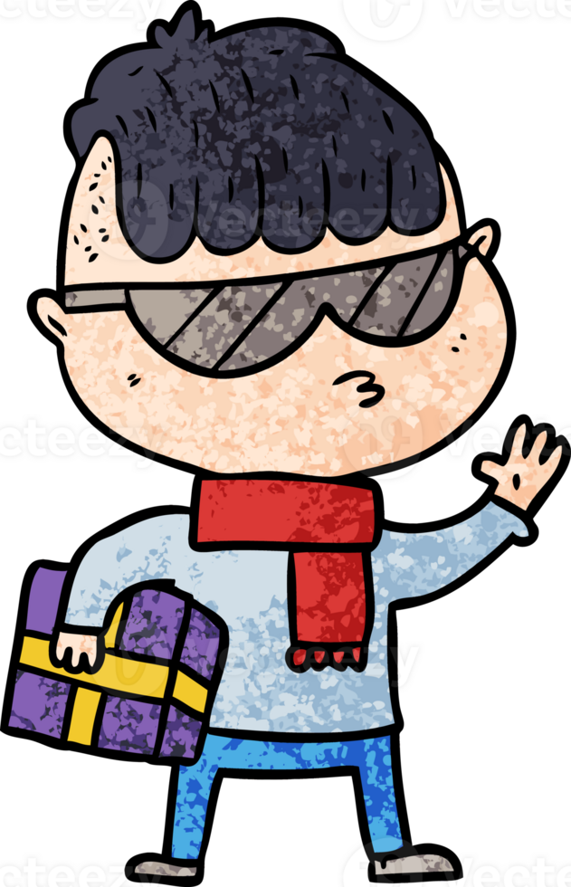 cartoon boy wearing sunglasses carrying xmas gift png