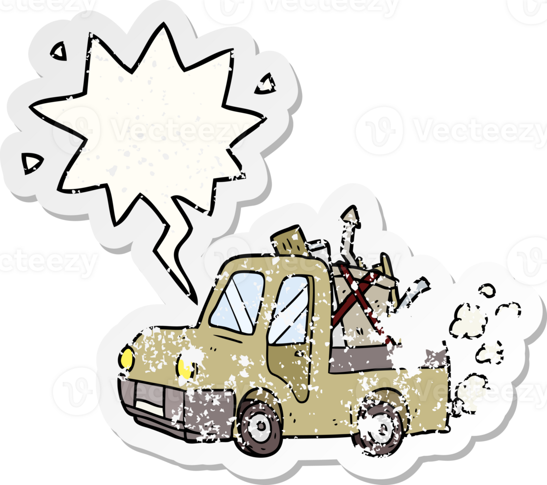 cartoon old truck full of junk with speech bubble distressed distressed old sticker png