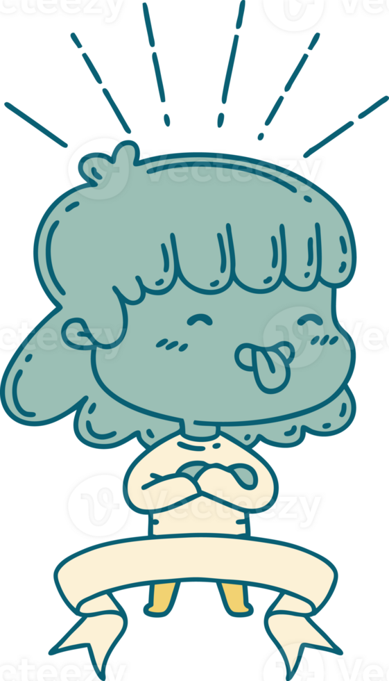 scroll banner with tattoo style girl sticking out tongue png