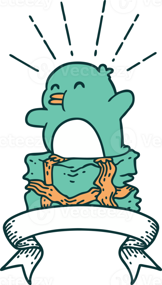 scroll banner with tattoo style penguin sitting on present png