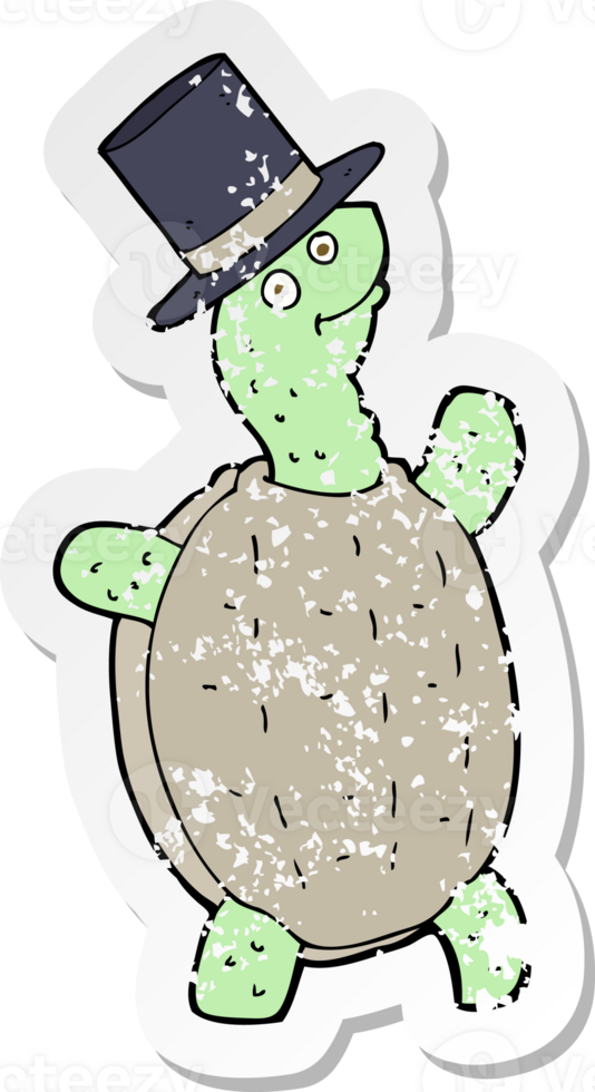 retro distressed sticker of a cartoon turtle in top hat png
