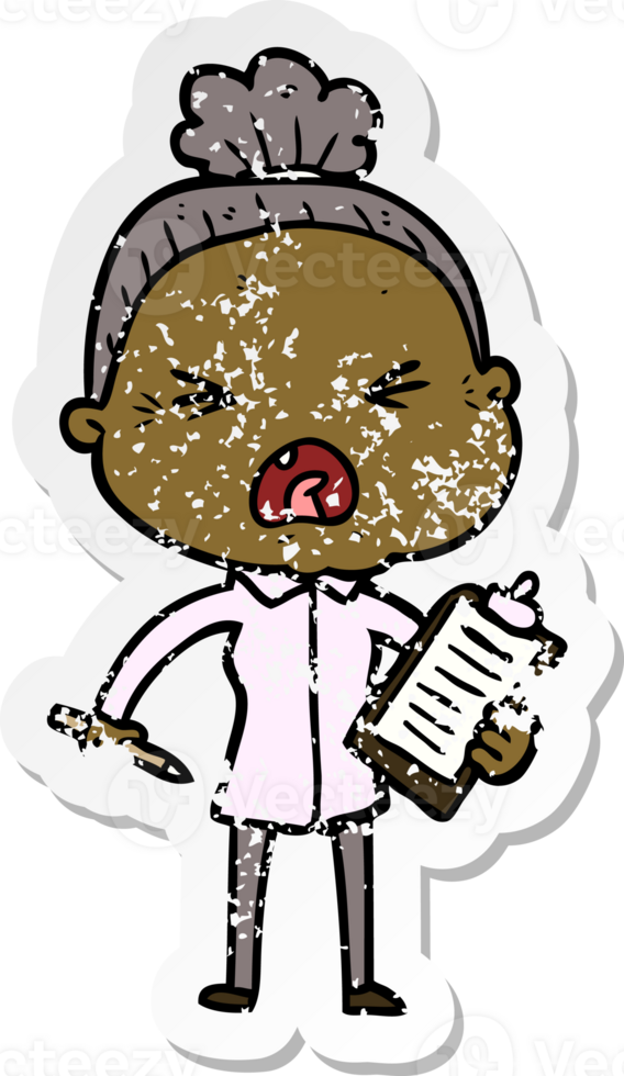 distressed sticker of a cartoon angry old woman png