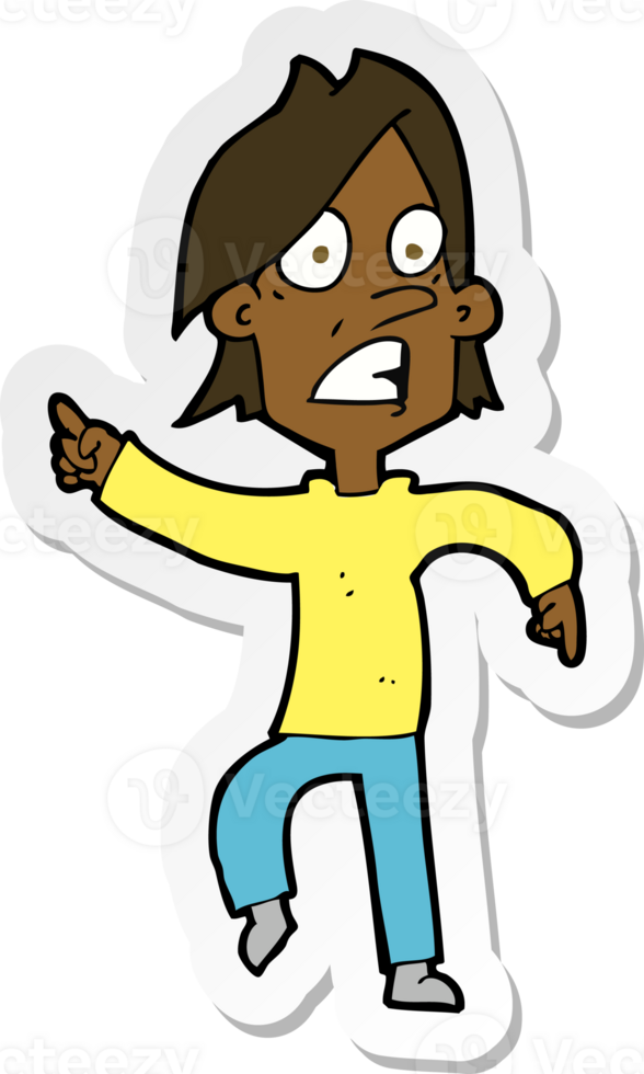 sticker of a cartoon worried man pointing png