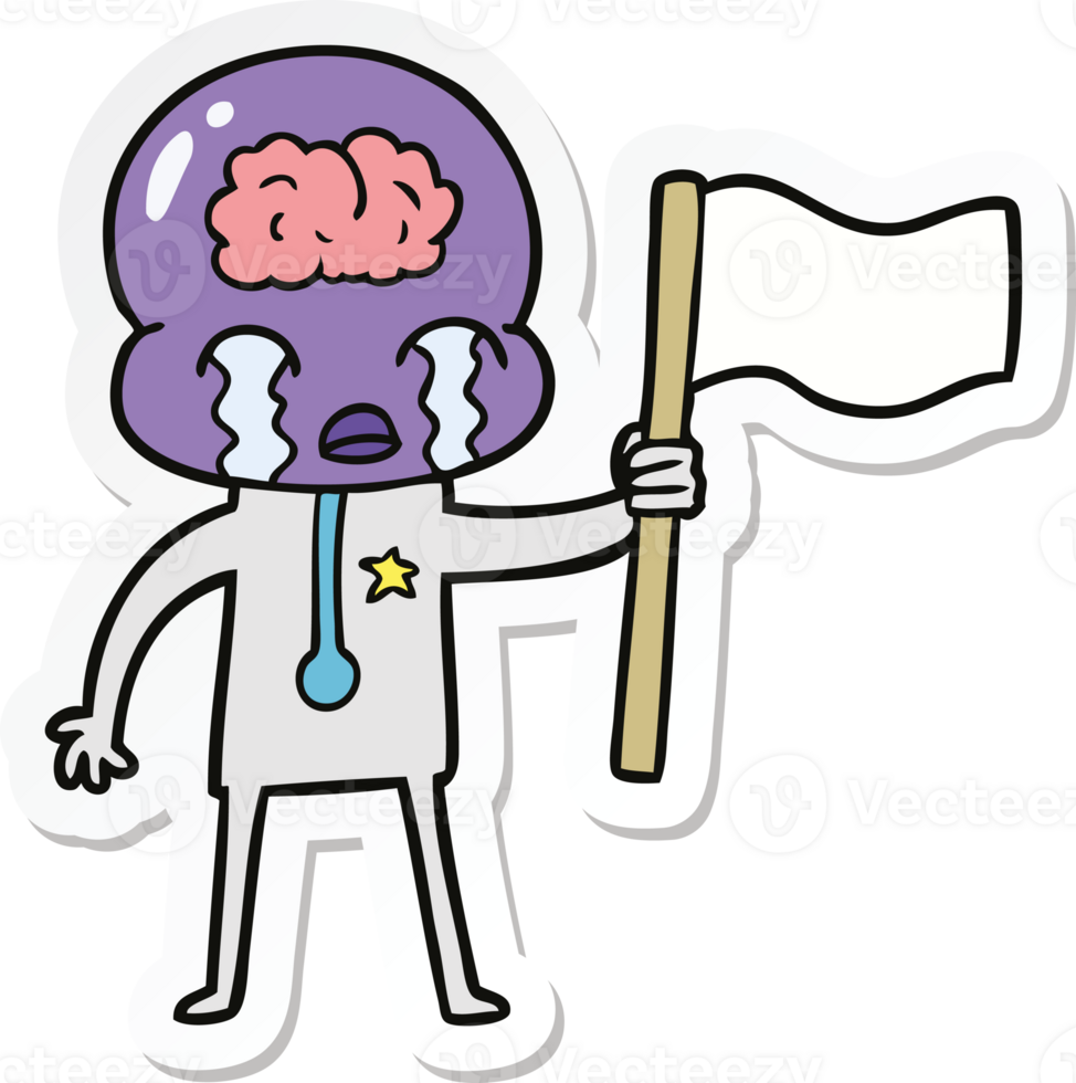 sticker of a cartoon crying big brain alien waving a flag png