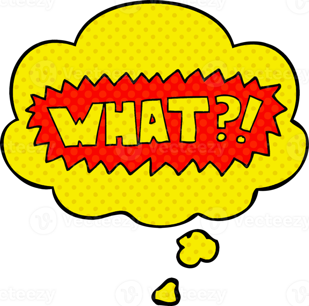 cartoon word What with thought bubble in comic book style png