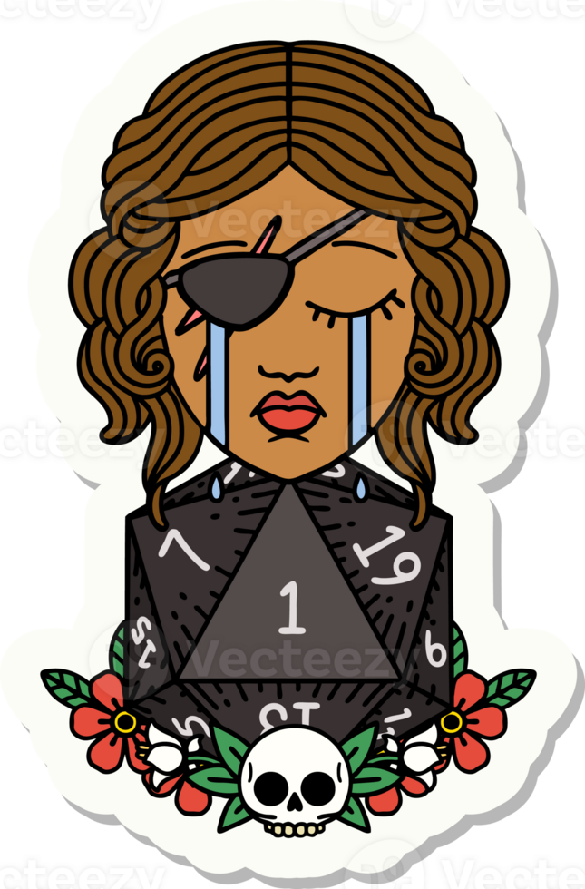 sticker of a crying human rogue with natural one d20 roll png
