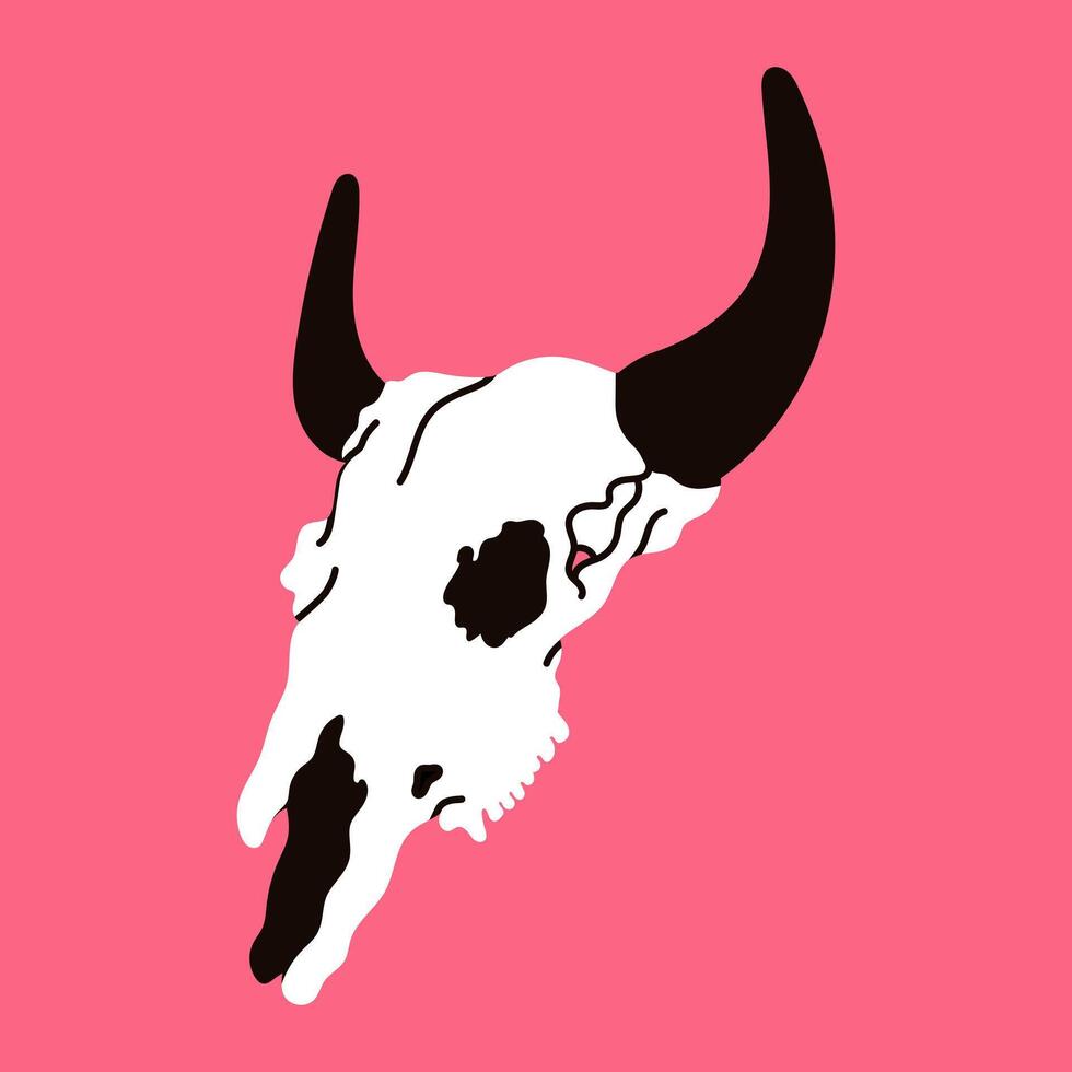 Graphic cattle bull buffalo skull vintage isolated on pink background. Wild west desert aesthetic, Flat illustration. vector