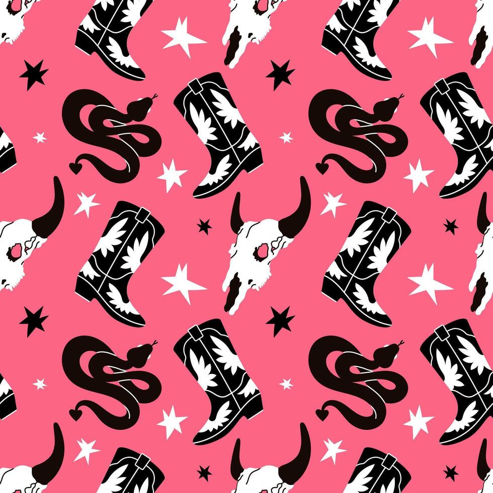Cowboy western boho pink color pattern. Different assets snake, cowgirl boots, bull skull, stars vector