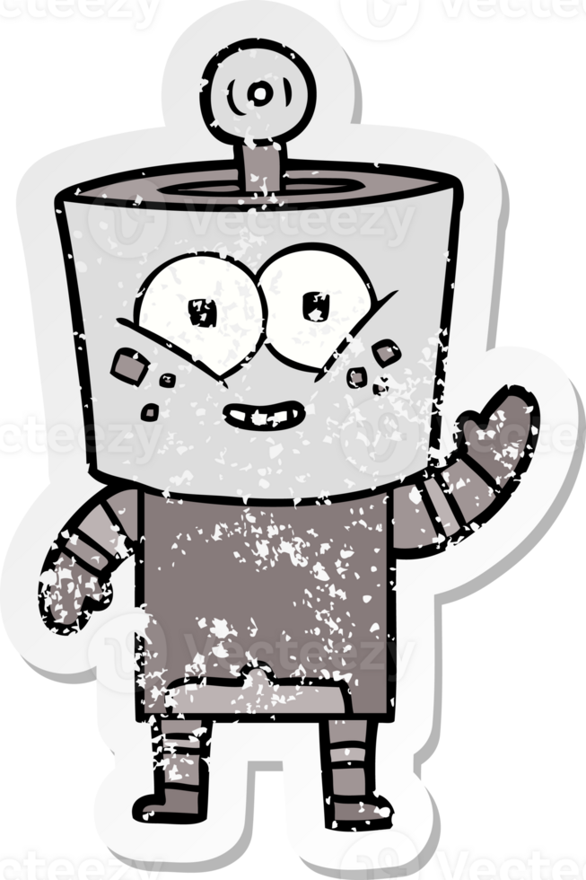 distressed sticker of a happy cartoon robot waving hello png