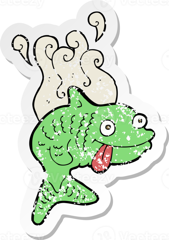 retro distressed sticker of a cartoon smelly fish png