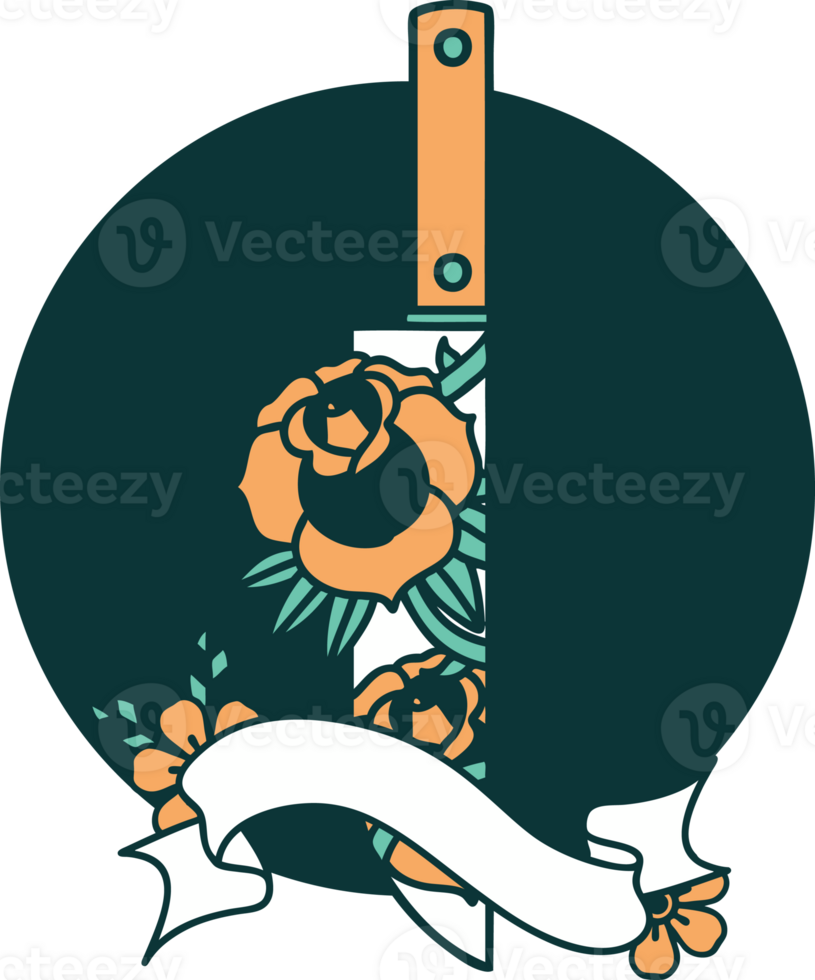 tattoo style icon with banner of a dagger and flowers png
