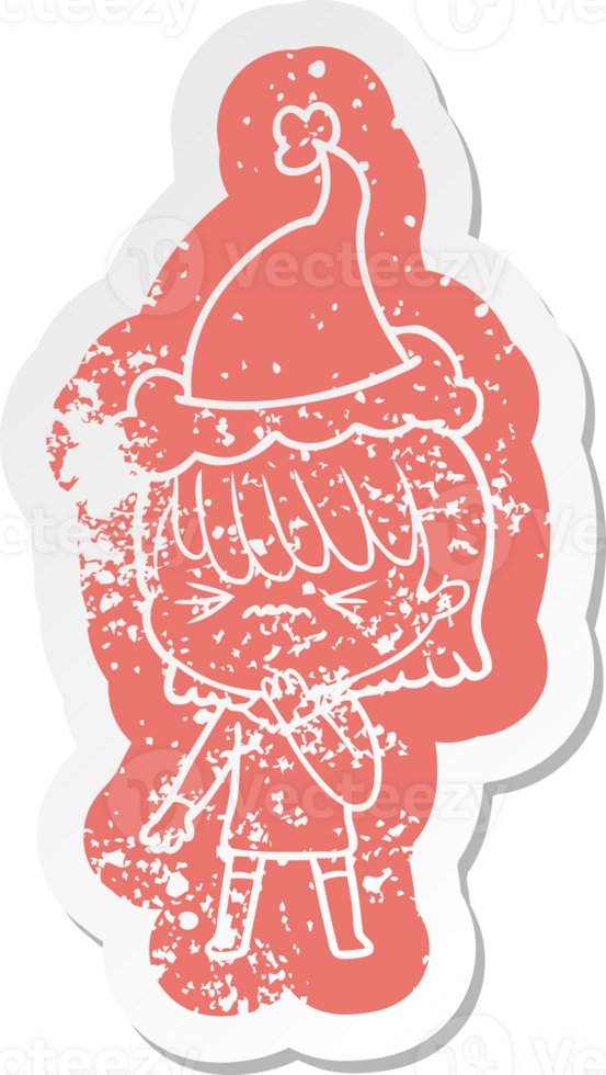 quirky cartoon distressed sticker of a girl regretting a mistake wearing santa hat png
