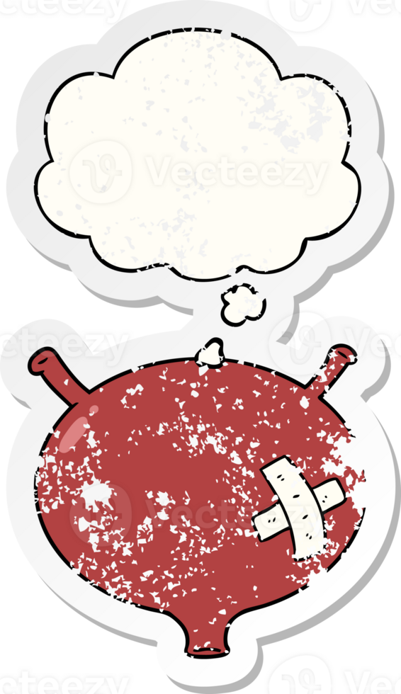 cartoon bladder with thought bubble as a distressed worn sticker png
