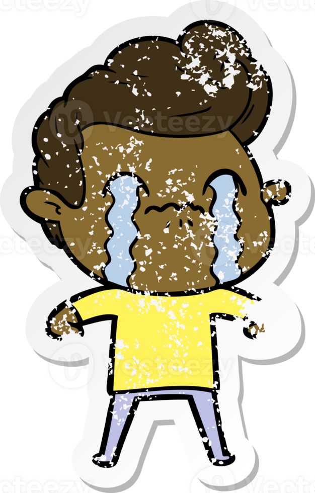 distressed sticker of a cartoon man crying png