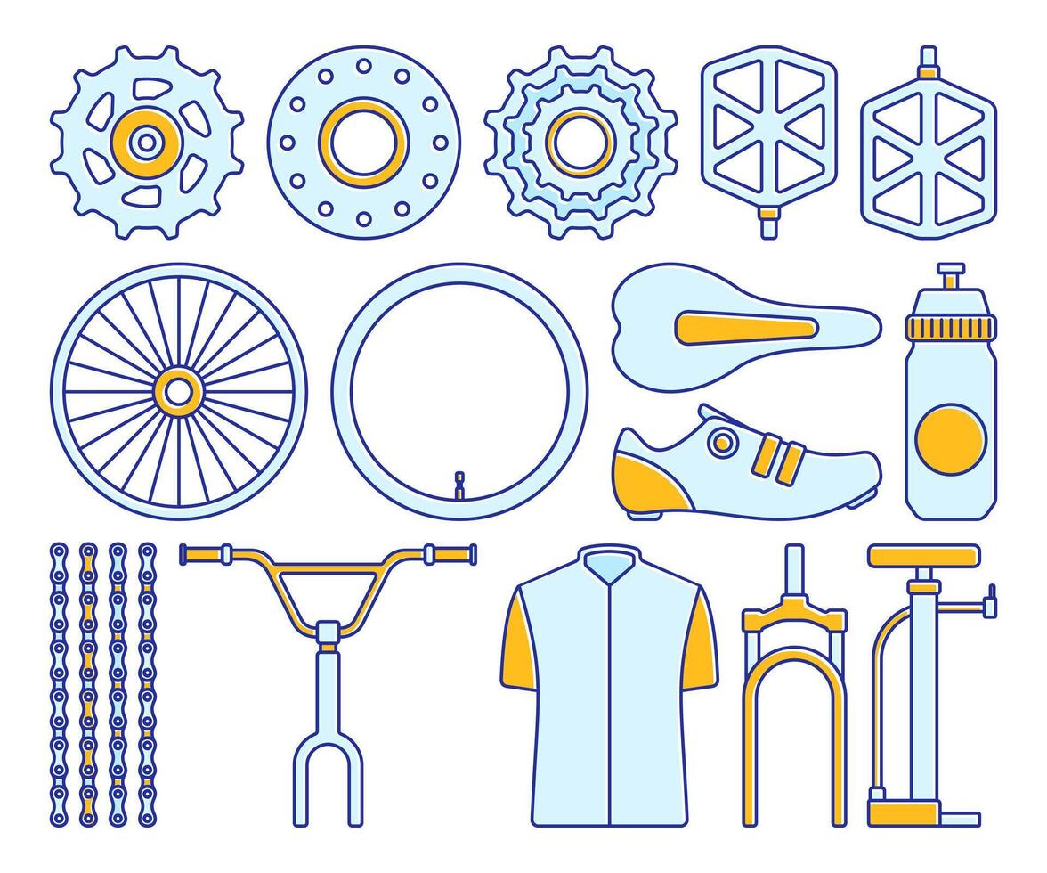 Detailed illustration of various bicycle parts including wheels, pedals, chain, gears, and handlebars. vector