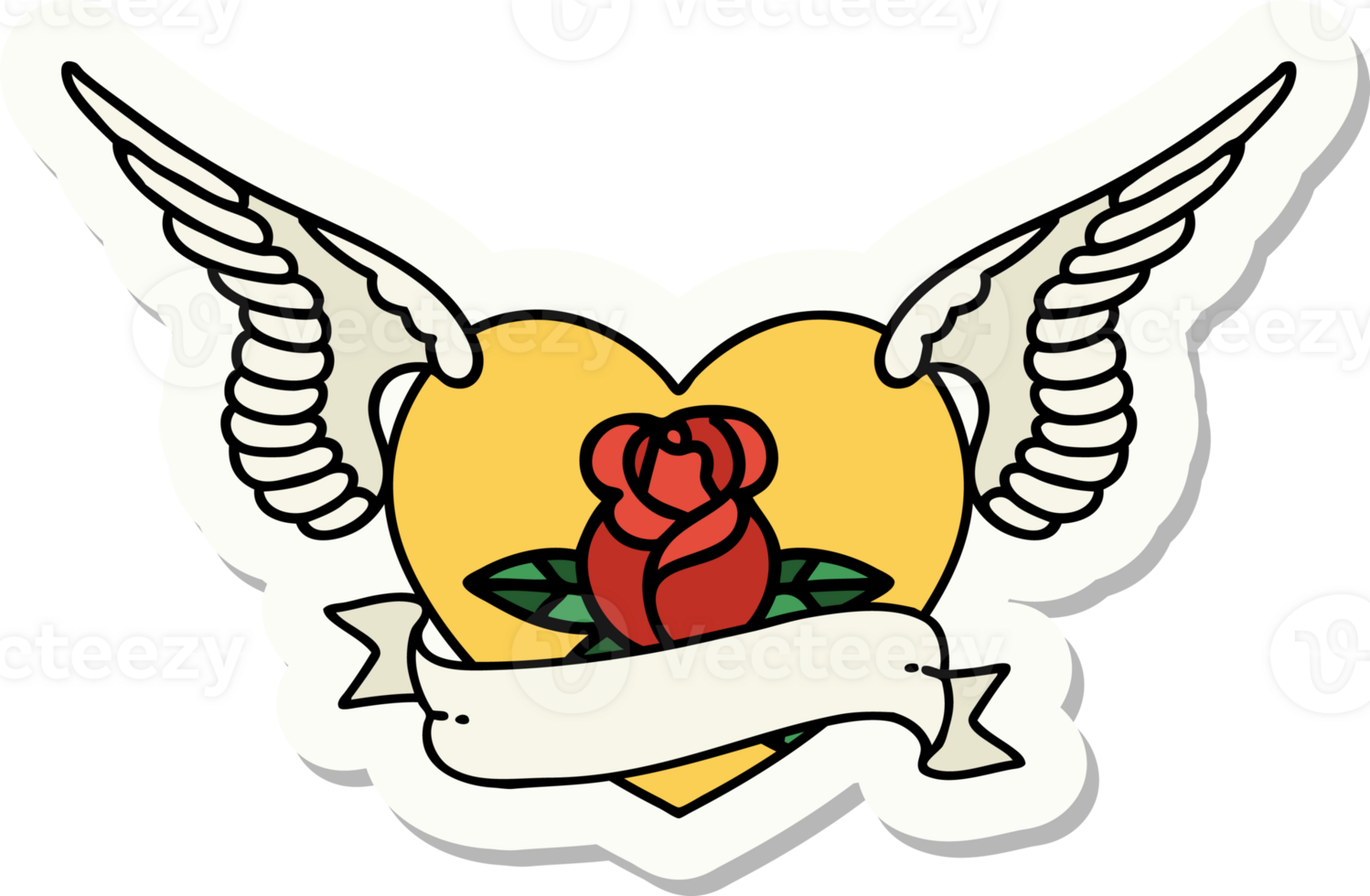 sticker of tattoo in traditional style of a flying heart with flowers and banner png