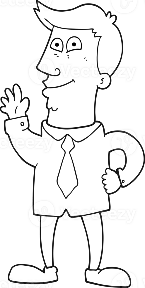 hand drawn black and white cartoon waving man png