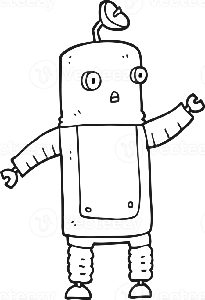 hand drawn black and white cartoon robot png