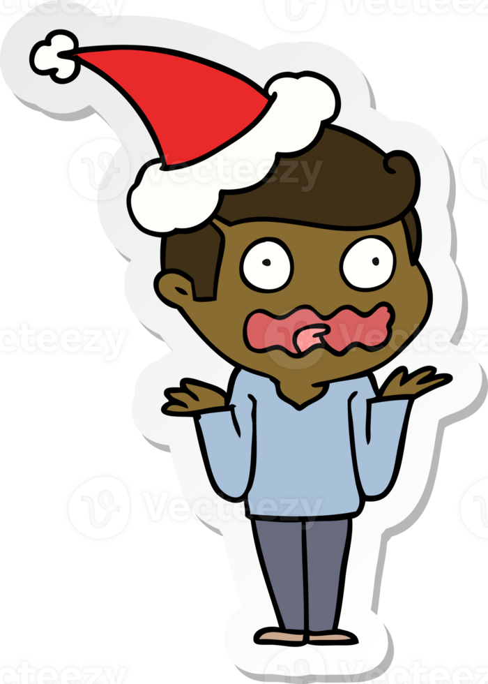 hand drawn sticker cartoon of a man totally stressed out wearing santa hat png