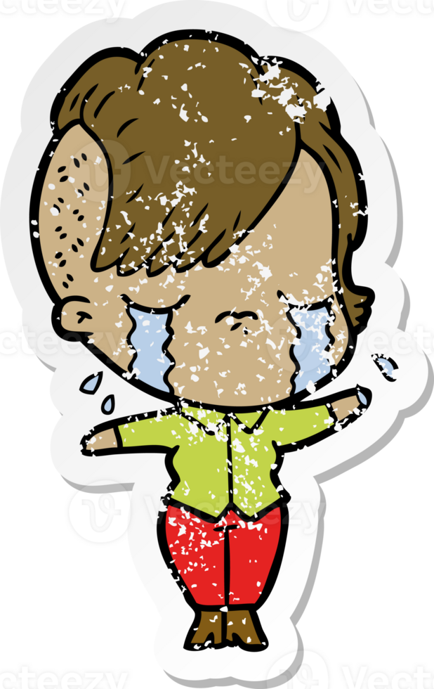 distressed sticker of a cartoon crying girl png