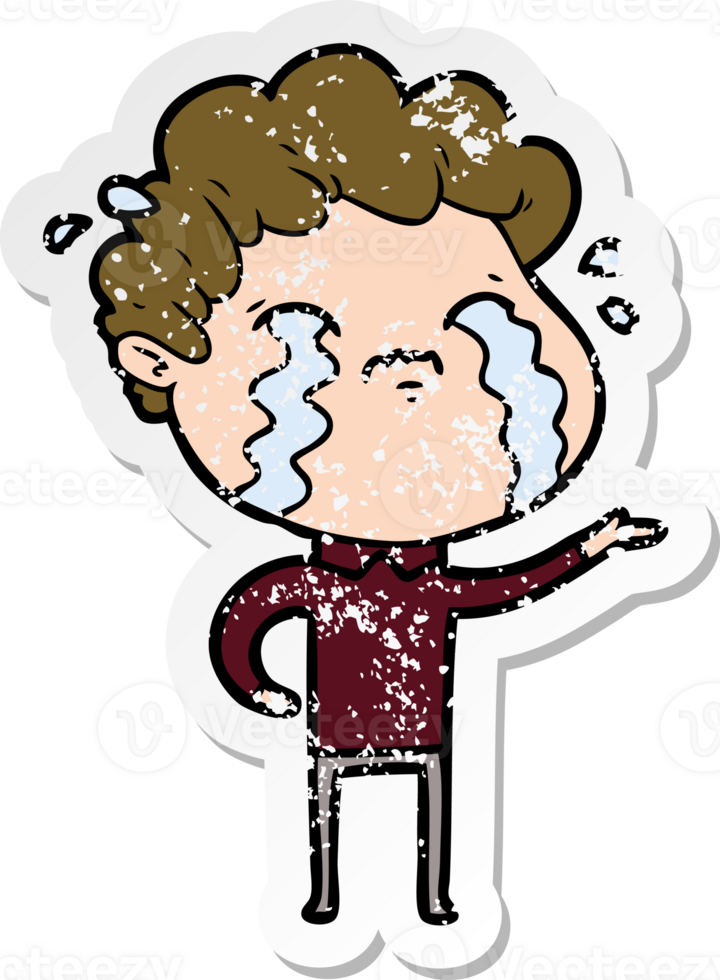distressed sticker of a cartoon man crying png