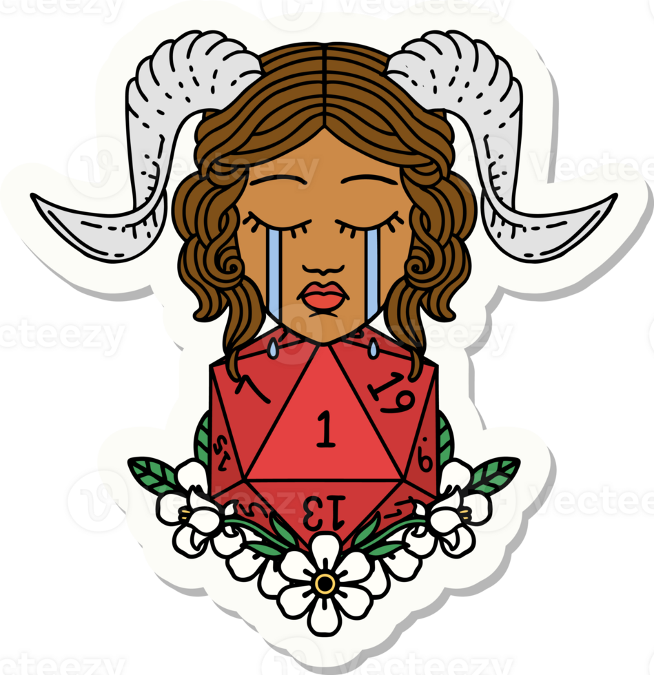 sticker of a crying tiefling with natural one D20 dice roll png