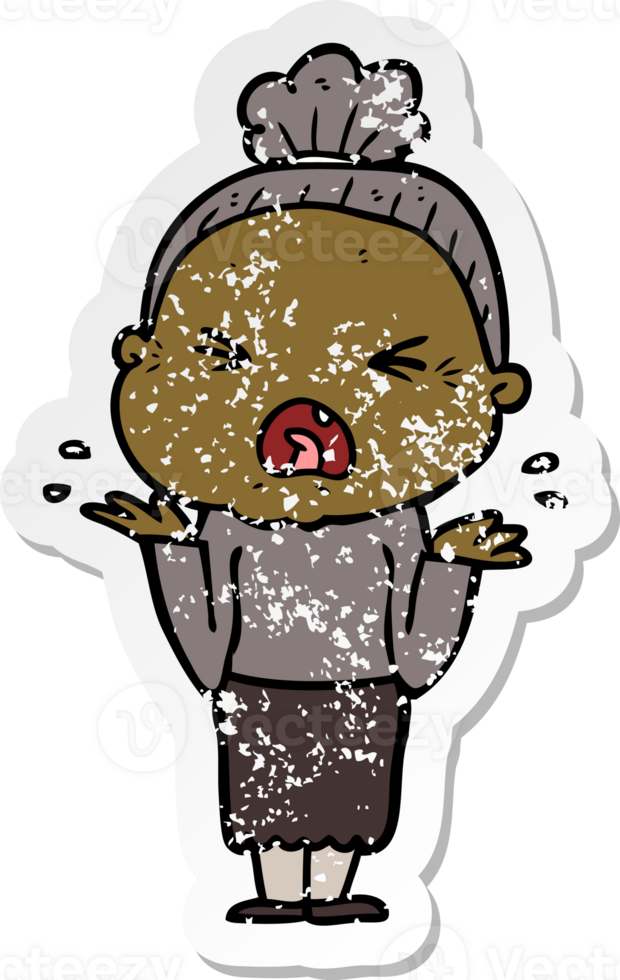 distressed sticker of a cartoon angry old woman png