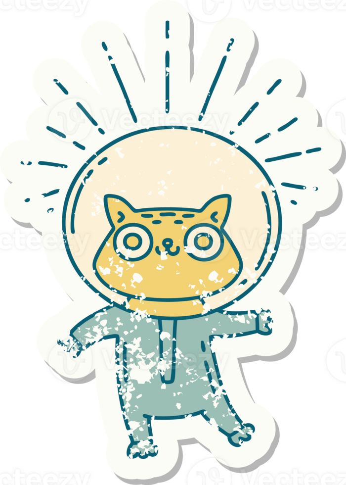 worn old sticker of a tattoo style cat in astronaut suit png