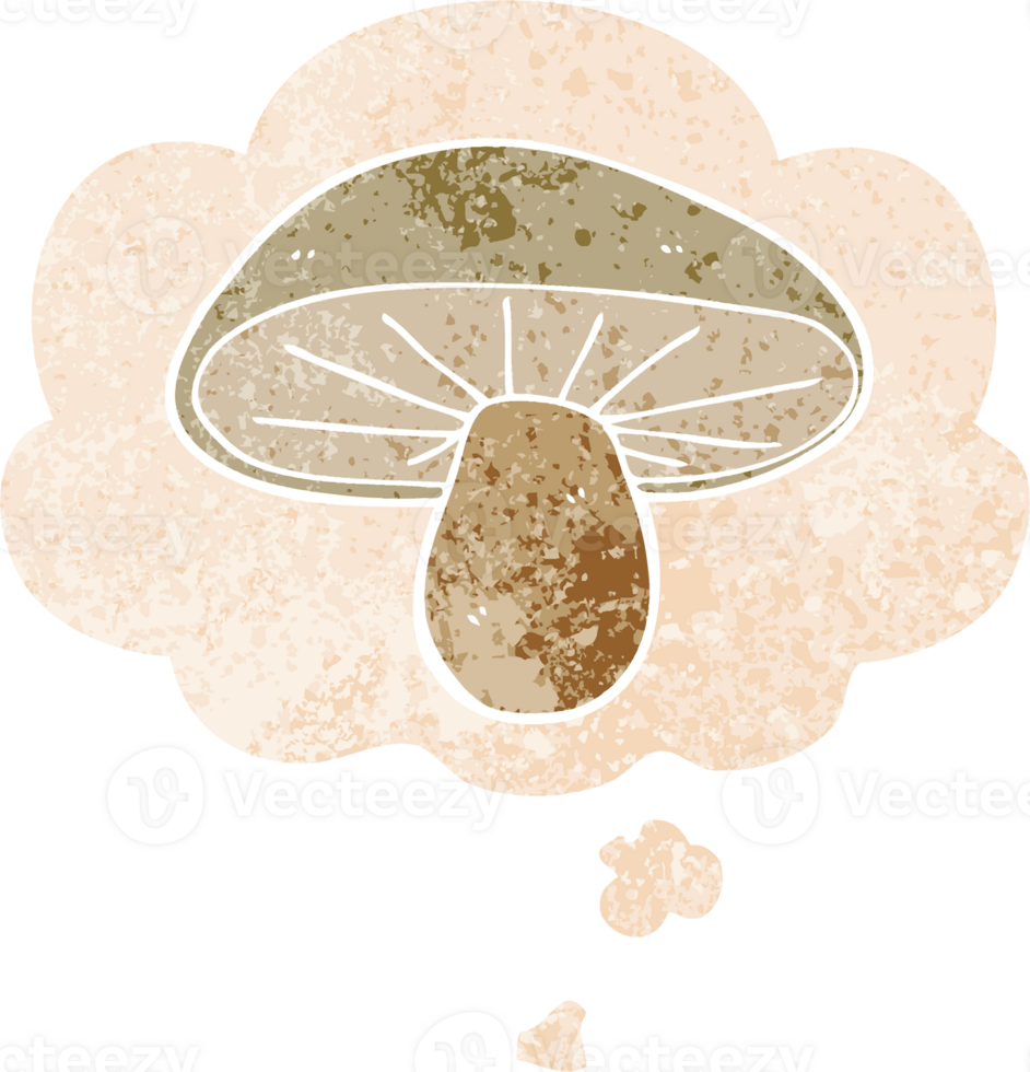 cartoon mushroom with thought bubble in grunge distressed retro textured style png