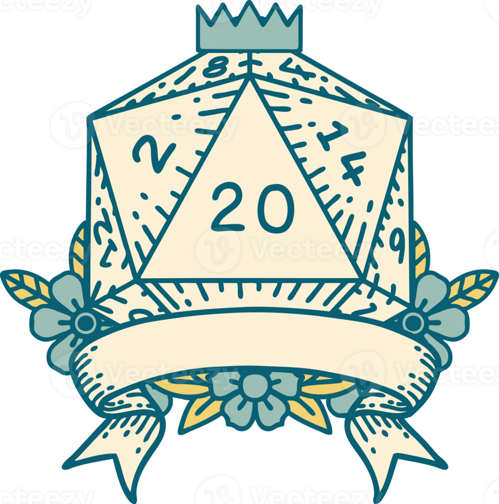 Retro Tattoo Style natural 20 critical hit D20 dice roll png