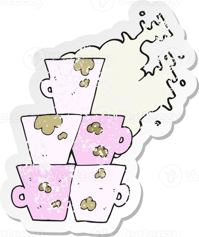 retro distressed sticker of a cartoon stack of dirty coffee cups png