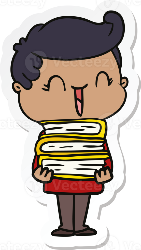 sticker of a cartoon laughing boy carrying books png