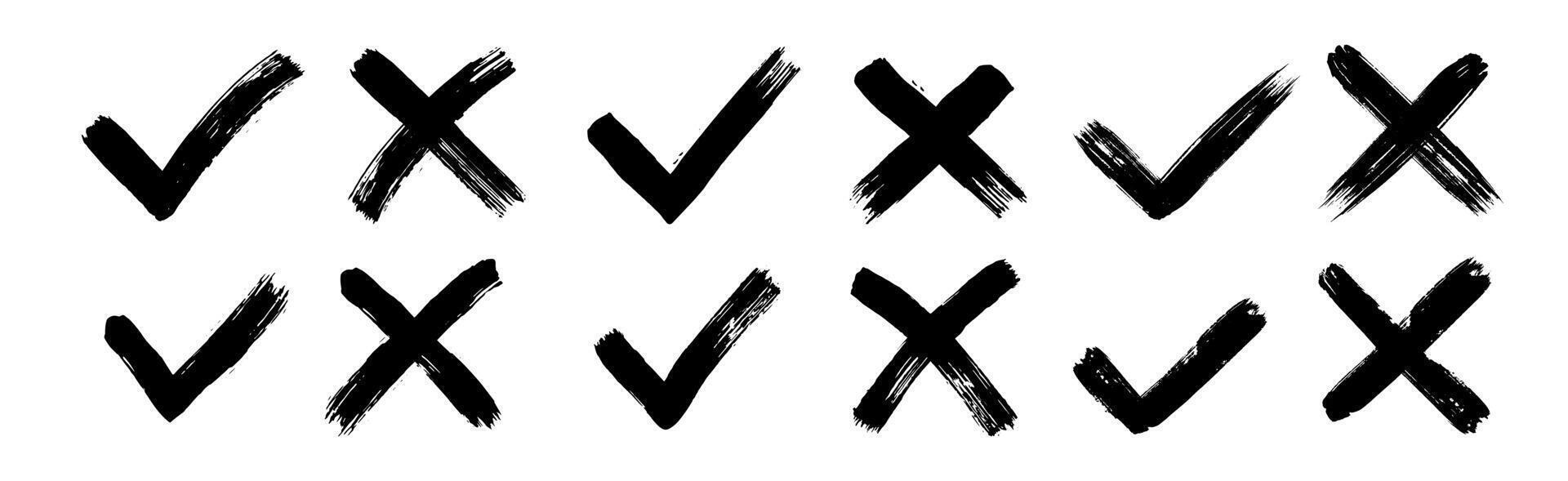 Dirty grunge hand drawn with brush strokes cross X and tick OK check marks V illustration set vector