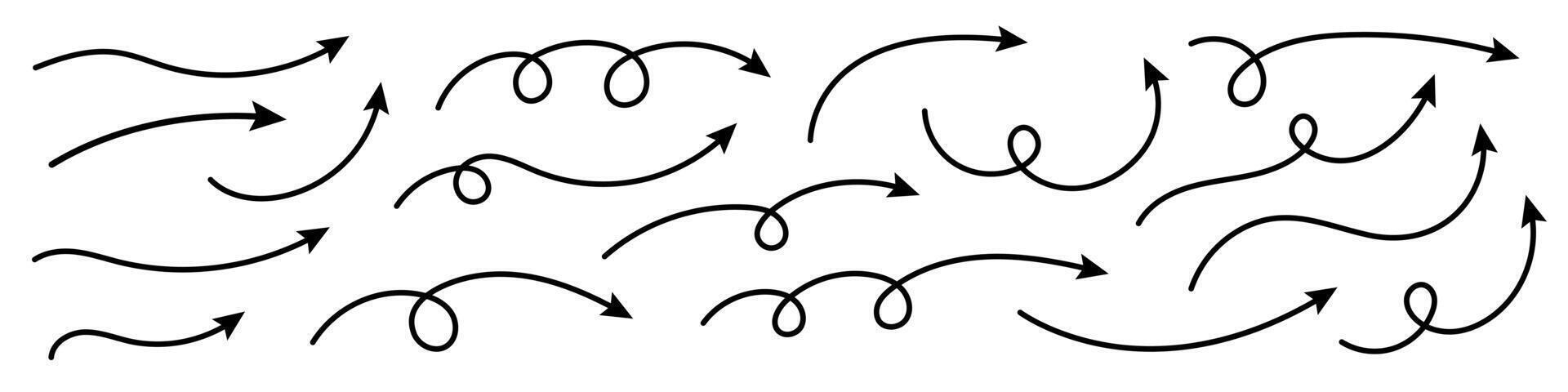 Collection of line arrows. Set simple curved hand drawn arrows. Collection of pointers. vector