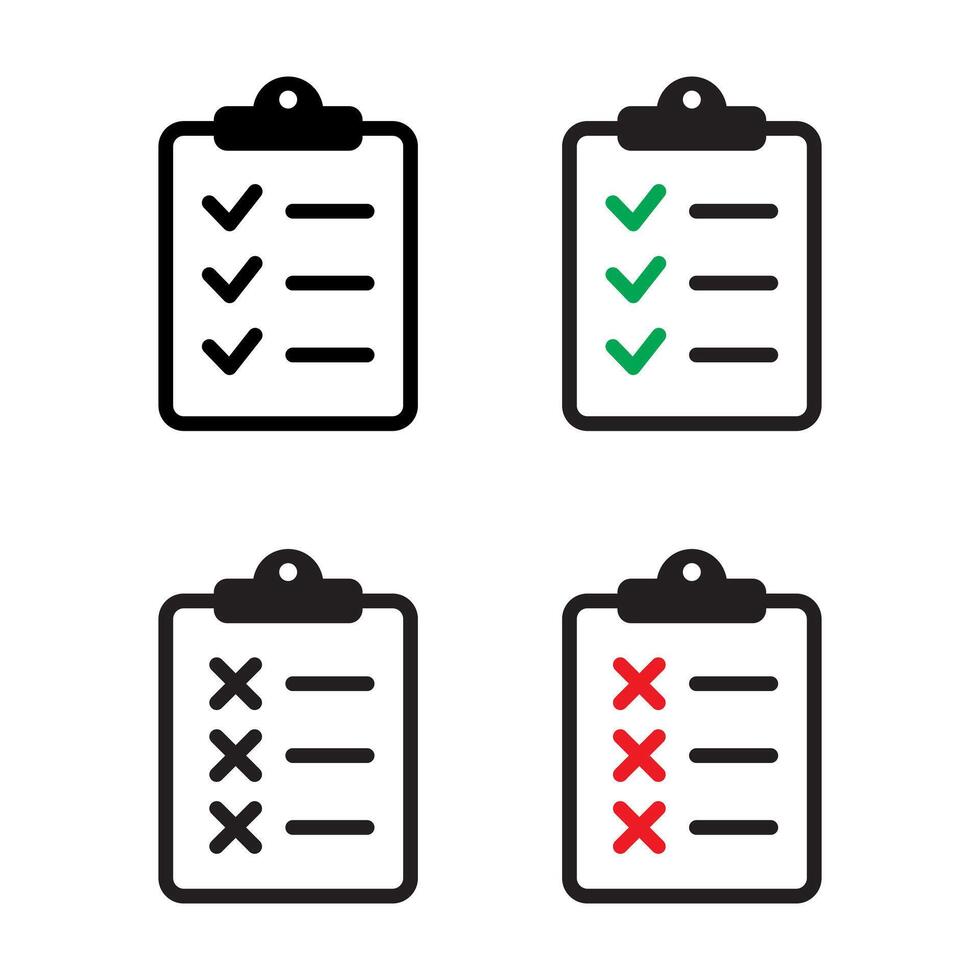 Clipboard icons. Task done sign. Green check mark icons symbol. Tick symbol. Red cross tick. vector