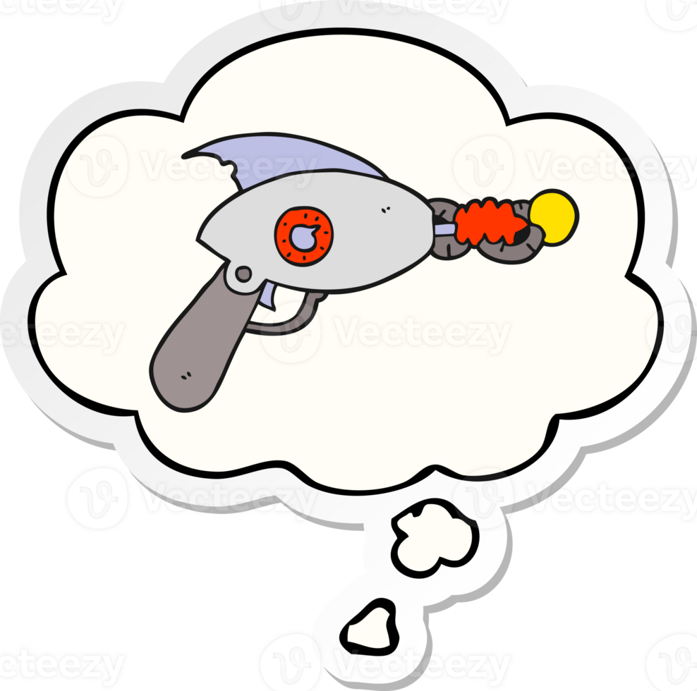 cartoon ray gun with thought bubble as a printed sticker png