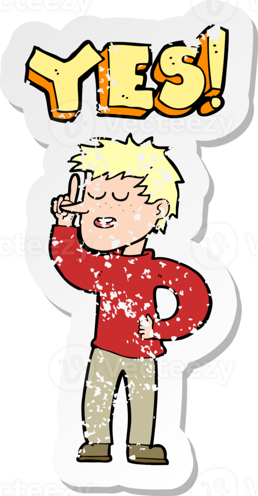 retro distressed sticker of a cartoon man saying yes png