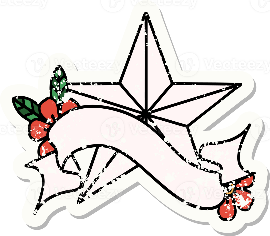 worn old sticker with banner of a star png